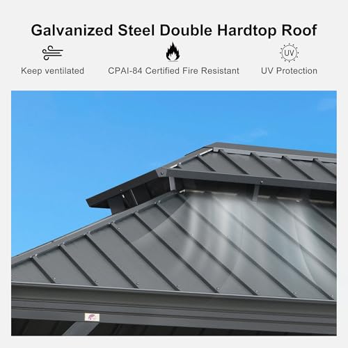 PURPLE LEAF 10' X 14' Permanent Hardtop Gazebo Aluminum Gazebo with Galvanized Steel Double Roof for Patio Lawn and Garden, Curtains and Netting Included, Grey