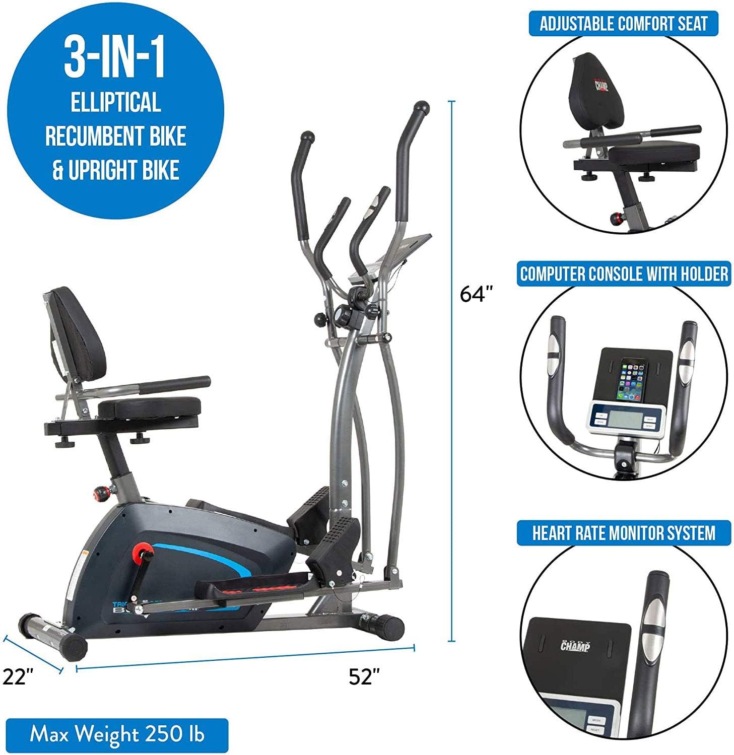 Body Champ 3-in-1 Exercise Machine, Trio Trainer, Elliptical and Upright Recumbent Bike