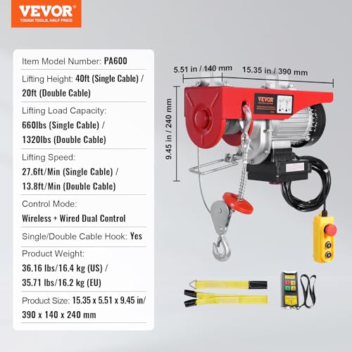 VEVOR Electric Hoist, 2200 lbs Lifting Capacity, 1600W 110V Electric Steel Wire Winch with Wireless Remote Control, 40ft Single Cable Lifting Height & Pure Copper Motor, for Garage Warehouse Factory