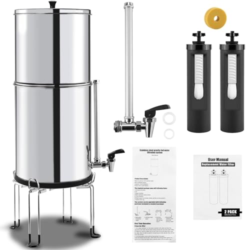 Gravity-fed Water Filter System 2.25 Gallon by Fetechmate, 304 Stainless Steel Ultra-Filtration Gravity Water Filter System Bundle with Water Filter, Metal Water View Spigot and Countertop Stand