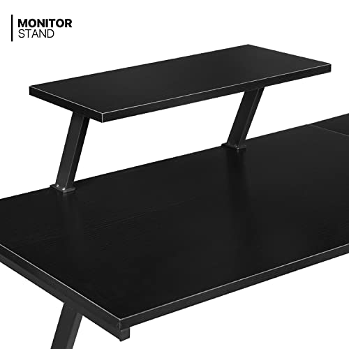 MoNiBloom L Shaped Gaming Desk Computer Corner Table with Metal Frame, L Desk Workstation for Home Office, Space-Saving, Black