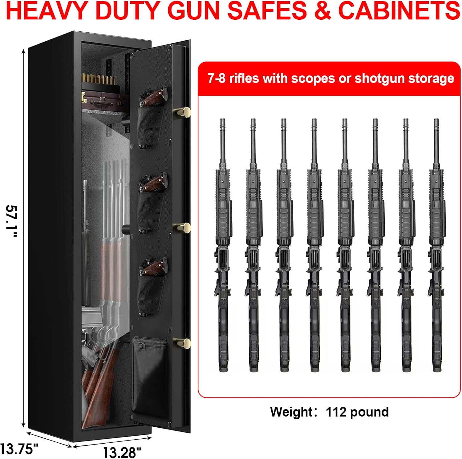7-8 Extra Large Gun Safes for Home Rifle and Pistols, Heavy Duty Anti-Theft Gun Safes for Rifles and Shotguns, Home Rifle Safe with Removable Gun Rack, LED Light and Pistol Pockets