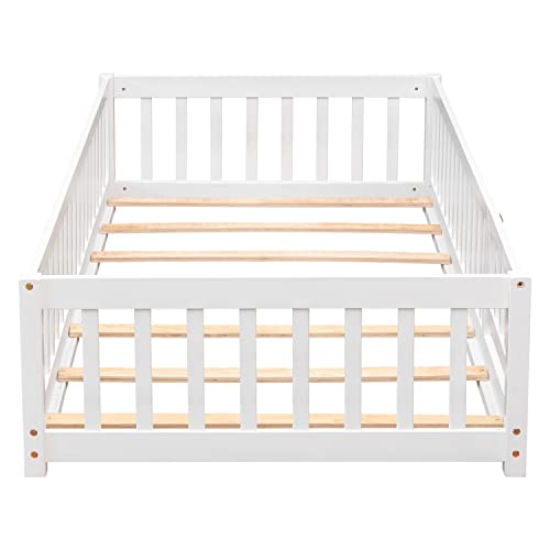 Toddler Floor Bed,Twin Size Floor Bed with Safety Guardrails and Slats, Wooden Floor Bed Frame Without Door, No Box Spring Needed,for Kids Girls & Boy Gray