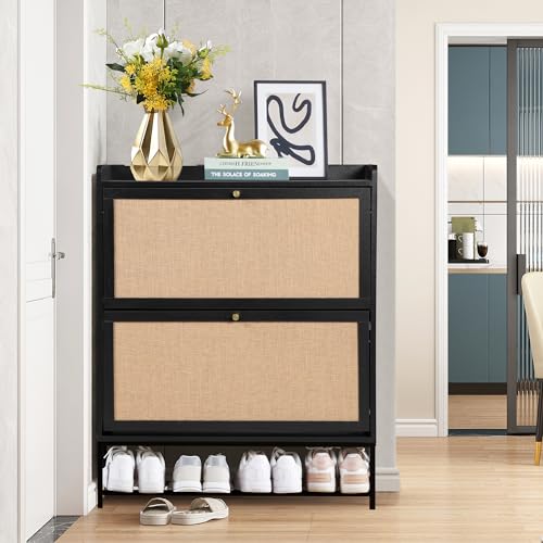 LEVNARY Shoe Cabinet Set of 2, Wooden Narrow Shoe Racks Cabinet Storage with 2 Flip Drawers, Hidden Freestanding Shoe Organizer for Hallway, Entryway, Home (2, Walnut)