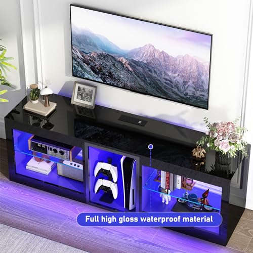 LED TV Stands W/Power Outlet for 50 55 60 65Inch TV,Black Entertainment Center W/70000-Colors Lights,High Gloss LED TV Console w/Adjustable Glass Shelves for Living Room Gameroom