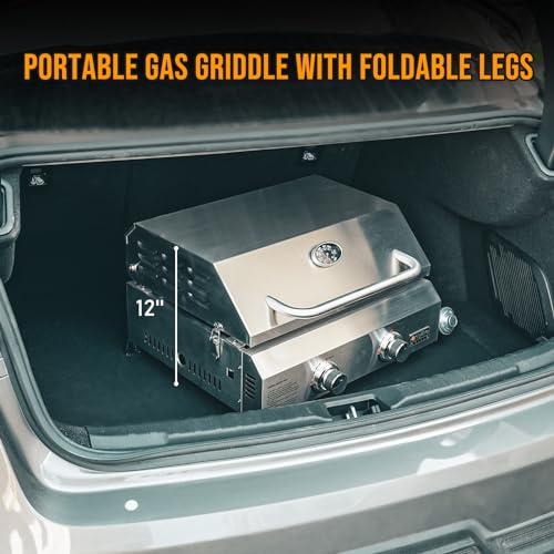 Onlyfire Flat Top Gas Griddle, 2-Burner Tabletop Propane Gas Grill Griddle, Portable Griddle for Outdoor Cooking Kitchen, Tabletop Griddle for BBQ Grill Camping Tailgating RV, Stainless Steel