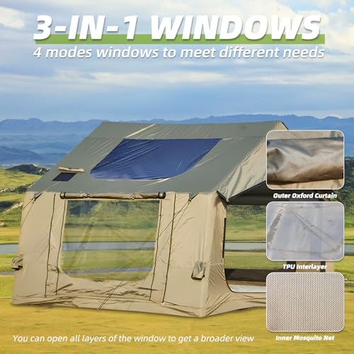 YOLENY Inflatable Tents for Camping, 4/6/8/10/12 Person Tent with TPU Skylight, Mesh Windows, Stove Jack & Pump, Easy Setup 4 Season Glamping Tent, Waterproof & Windproof
