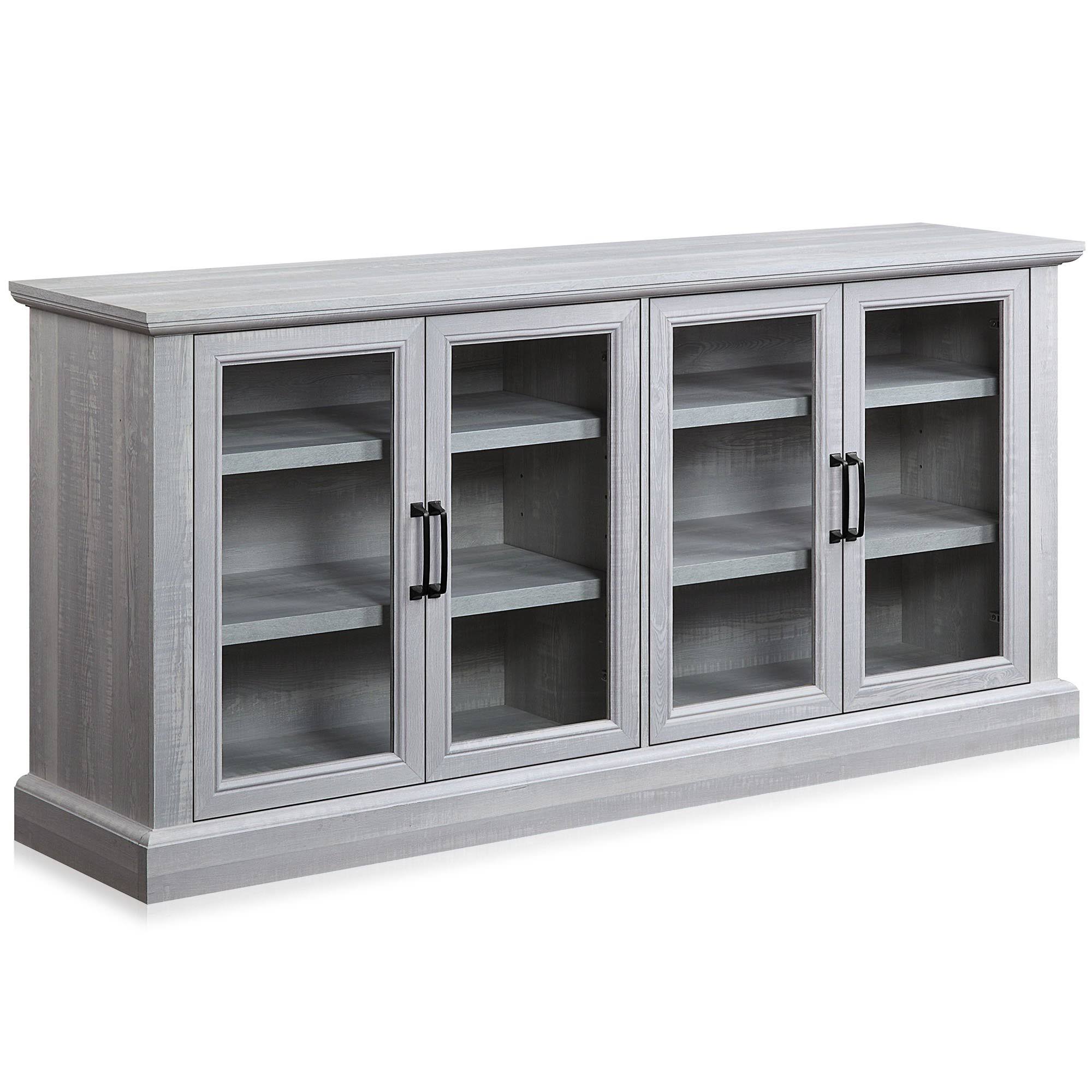 Belleze Liam 70x22 Rustic Farmhouse Wood Sideboard Universal Stand 4 Doors Buffet Cabinet Living Room Glass Storage, Rustic Grey