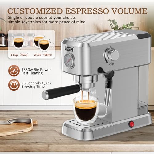 Espresso Machine, 20 Bar Espresso Maker with Milk Frother Steam Wand for Latte and Cappuccino, Compact Stainless Steel Espresso Coffee Machine with 50oz Removable Water Tank for Home