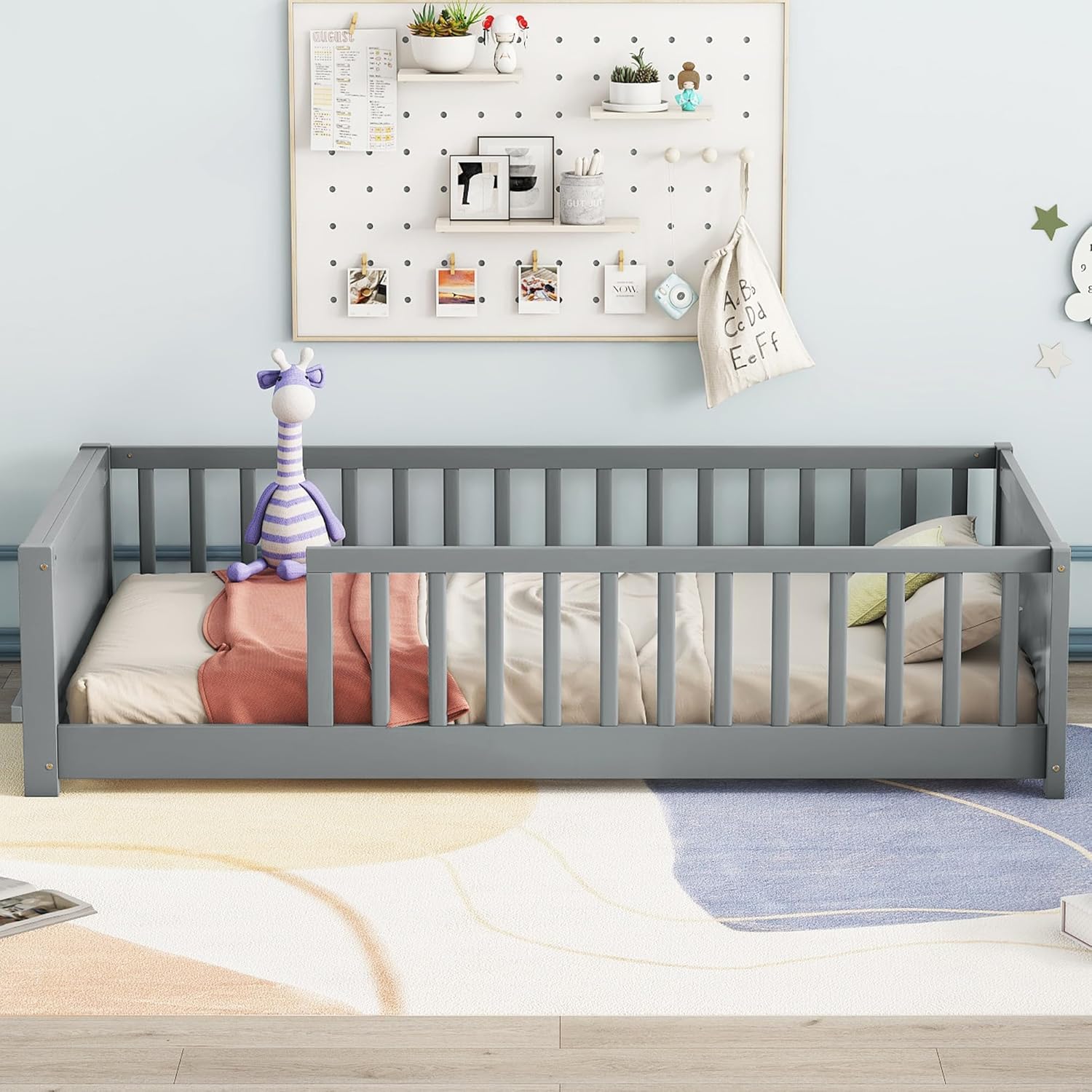 Montessori Floor Bed with Safety Guardrails and Slats, Twin Size Solid Pine Wood Floor Bed Frame, for Girls, Boys, Child Bedroom, Kids Playroom (Grey)