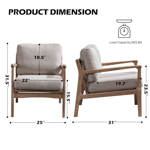 Accent Chair for Adults Set of 2, Upholstered Mid Century Modern Lounge Chair with Solid Wood Frame, Linen Fabric Comfy Reading Armchair for Living Room Bedroom