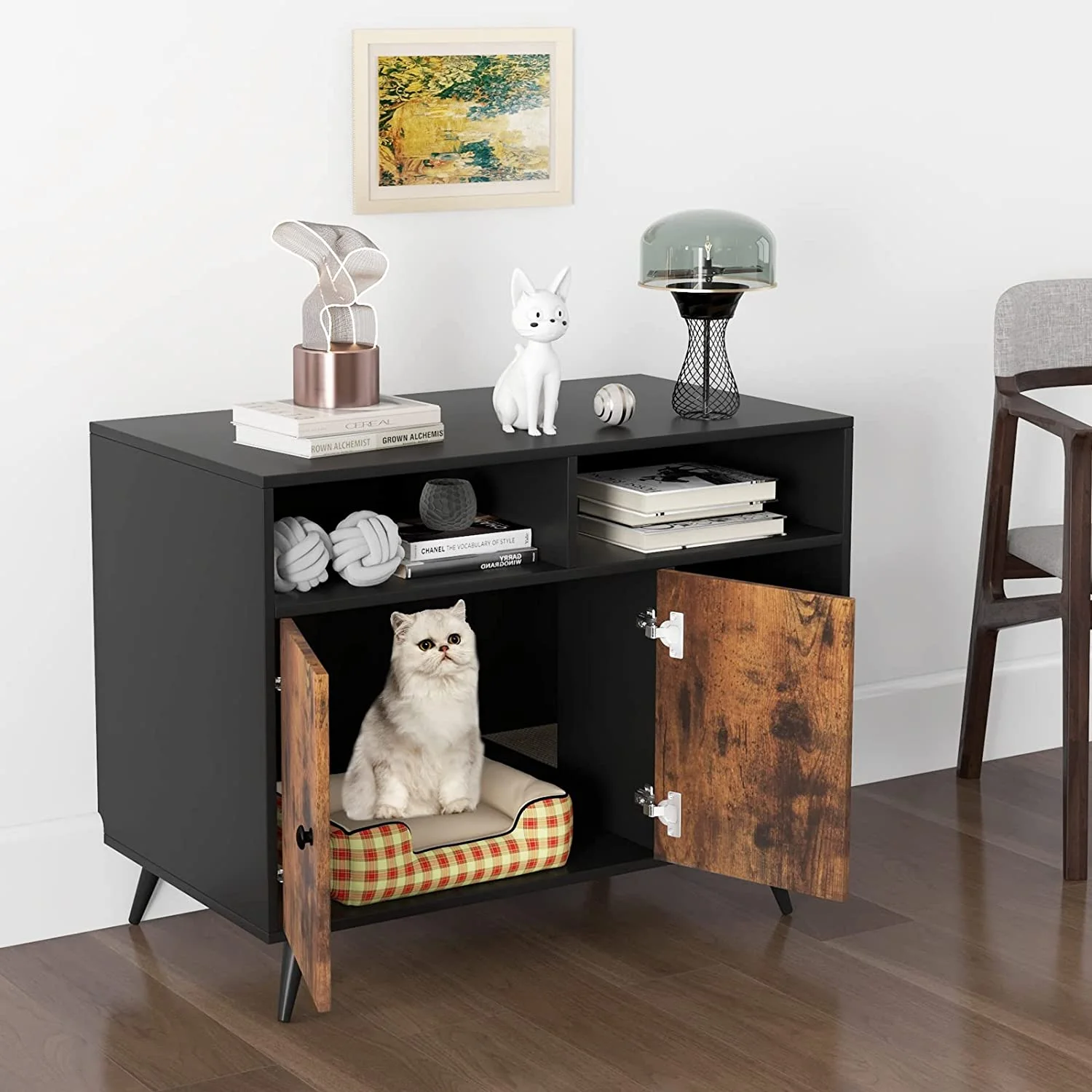 Cat Litter Box Enclosure, Hidden Cat Washroom Furniture with Double Door Cabinet, Compartments & Cat Scratch Pad, Pet House Side Table for Indoor Cats, Litter Box Furniture (Rustic Brown)