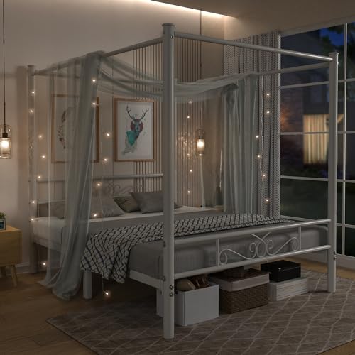 Queen Size Metal Canopy Bed Frame, Four-Poster Canopied Platform Bed Frame with Headboard and Footboard, Sturdy Metal Slatted Structure, No Box Spring Needed, Easy Assembly, White