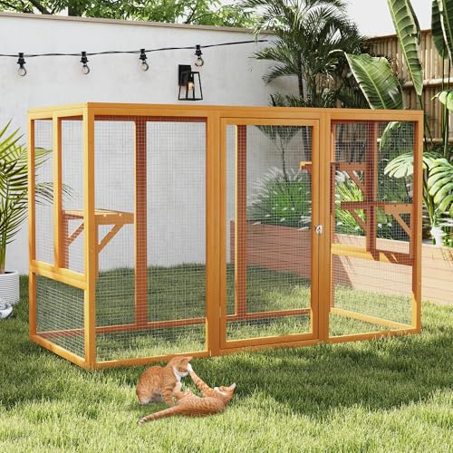 Catio Outdoor Cat Enclosure,71" L Outside Cat House Weatherproof, Wooden Large Catios for Cats Patio, Cat Houses with 3 Platforms,Grey