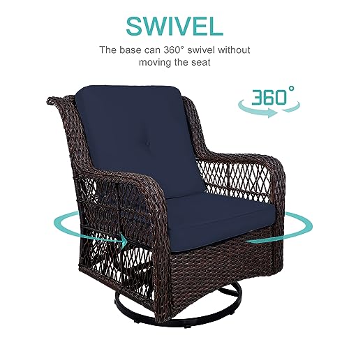 MEETWARM 3-Piece Patio Wicker Conversation Bistro Set Cushioned, Outdoor Swivel Rocking Chairs Rattan Furniture Sets with Thickened Cushion and Glass-Top Coffee Table (Orange)