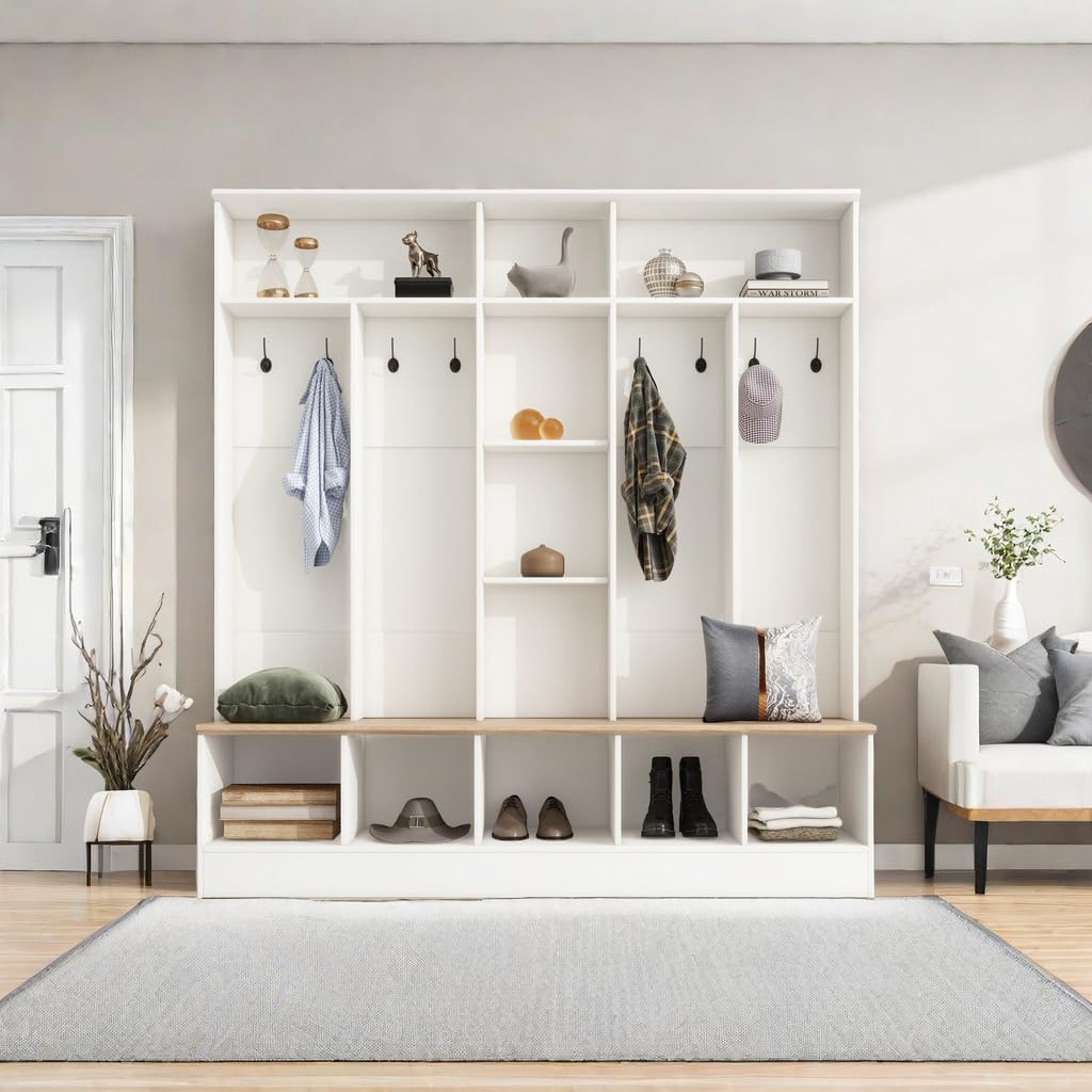 Multifunctional Coat Rack with 8 Hooks for Entryways, Wide Design Hall Tree with Storage Bench, Minimalist Shoe Cabinet with Cube Storage & Shelves, Mudroom, White