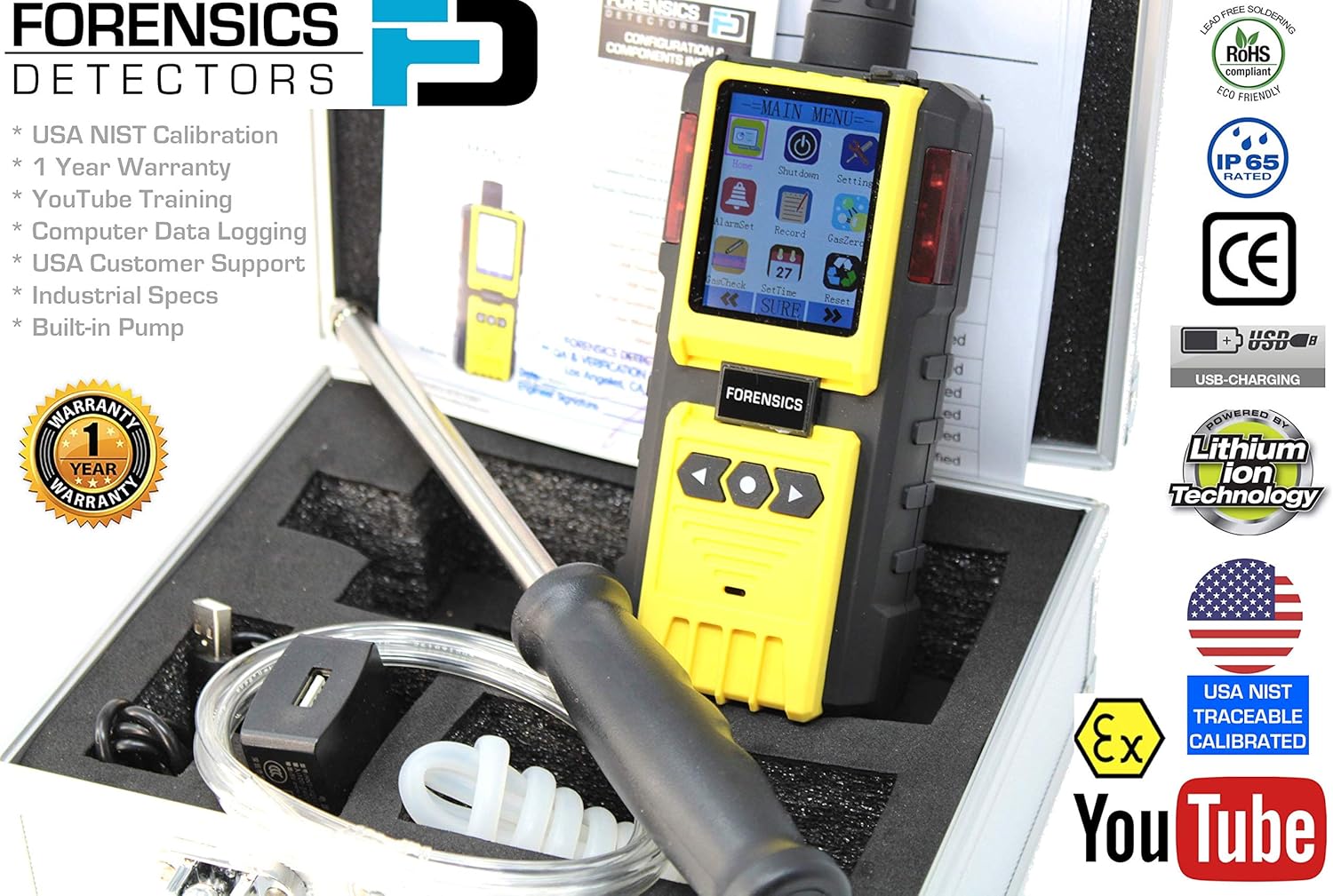 Combustible Gas Detector and Analyzer by Forensics | USA NIST Calibration | Explosive EX LEL | Built-in Pump & 4ft Probe |