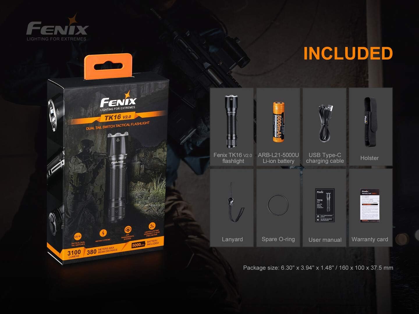 Fenix TK16 V2 3100 Lumen LED Tactical Flashlight, USB Rechargeable ARB-L21-5000U Li-ion Battery and EdisonBright BBX5 Battery Carrying case Bundle