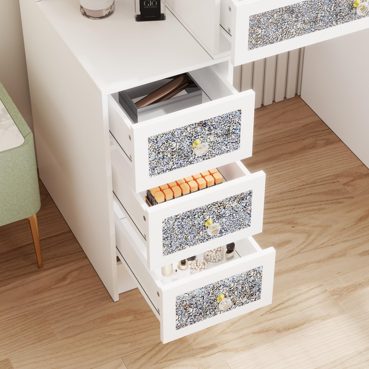 Homsee 43.3" W Luxury Makeup Vanity Desk with Lighted Mirror and Crushed Diamond Trim, Makeup Dressing Table with Storage Shelves and Adjustable Side Mirrors for Bedroom, White