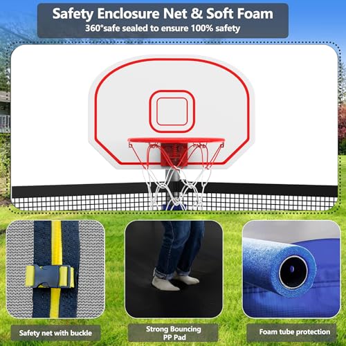 Upgraded 16FT 15FT 14FT 12FT Trampoline for Kids and Adults, Large Outdoor Trampoline with Enclosure, Backyard Trampoline with Basketball Hoop and Net, Capacity for 4-6 Kids and Adults