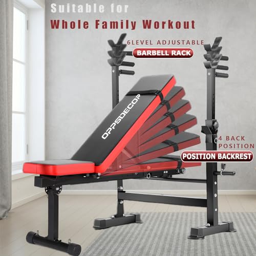 OPPSDECOR Adjustable Weight Bench Set with Squat Barbell Rack, Removable Foot Bracket, 600lbs 6 in 1 Weight Bench, Foldable Workout Bench for Full Body Exercise Home Gym MTY-1318 Bench Press
