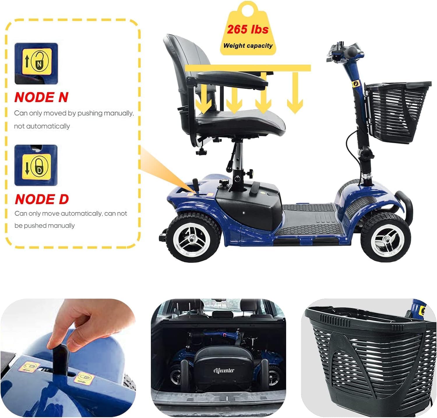 4 Wheel Mobility Scooter, Electric Power Mobile Wheelchair for Seniors Adult with Lights- Collapsible and Compact Duty Travel Scooter w/Basket Blue