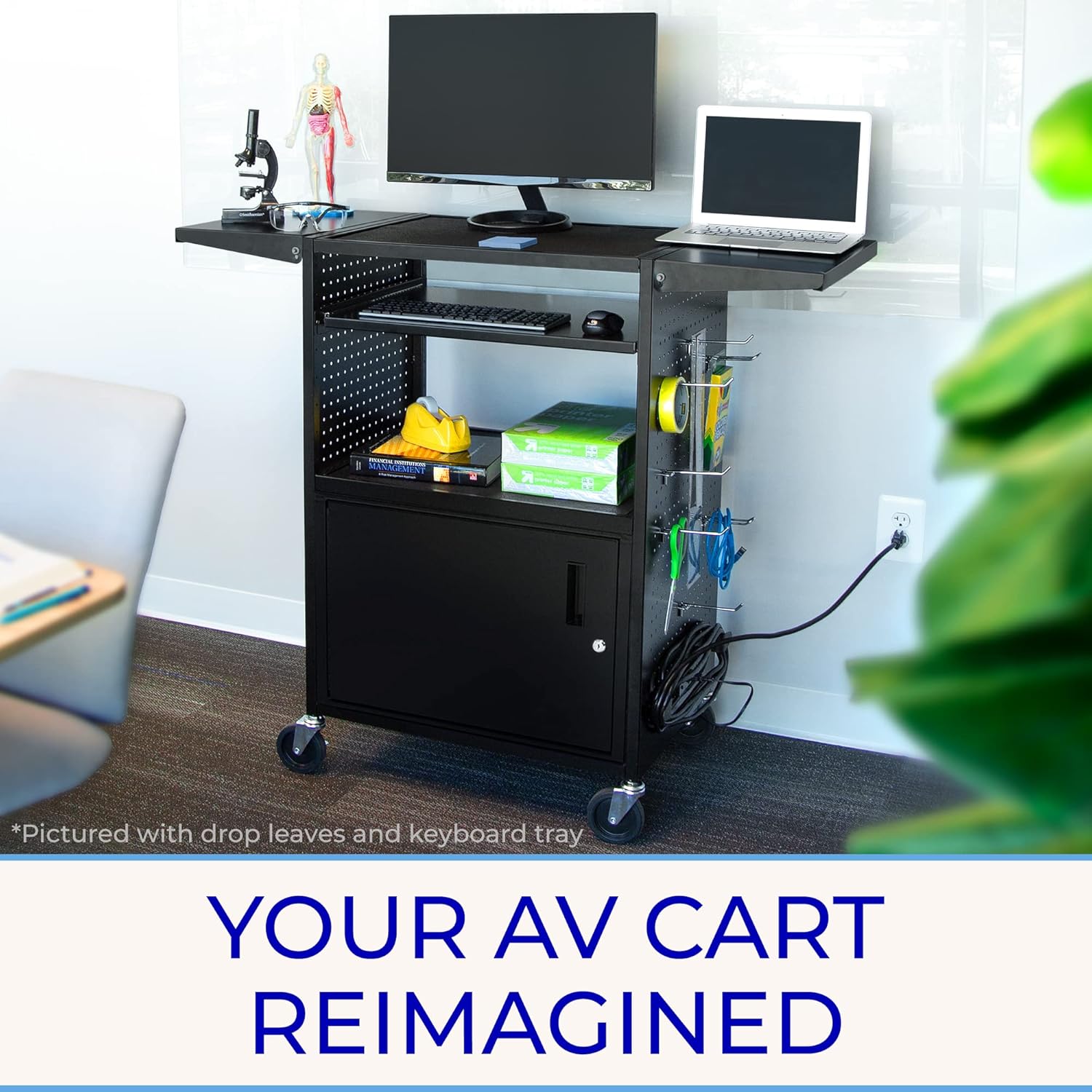 Line Leader Stellar AV Cart | Computer Cart with Pegboard Siding & 12 Hooks for Customizable Storage | Locking Cabinet & Pullout Keyboard Tray | UL Safety Certified Power Outlets | Locking Wheels