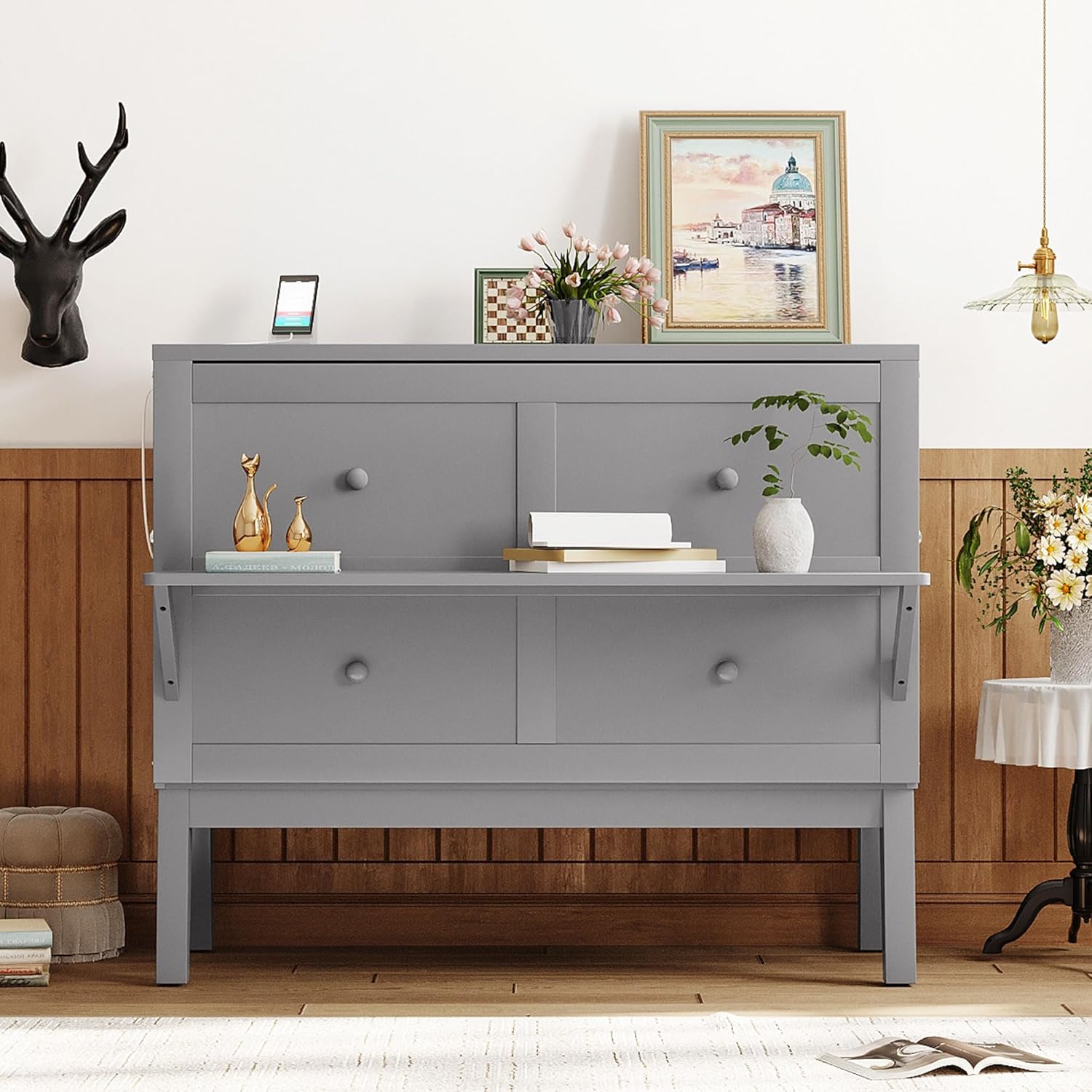 Murphy Bed,Full Size Murphy Wall Bed with Cabinet/USB Port,Removable Shelves,Space-Saving Folding Murphy Bed, Mobile Murphy Chest Bed for Multipurpose Guest Room or Home Office,Gray