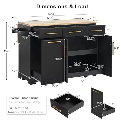 Merax 59.3" Kitchen Island with Storage, 2 Pull Out Cabinet Organizers & Rubber Wood Drop Leaf, Rolling Island Table with Trash Can Storage, Power Outlet, Spice & Towel Rack for Kitchen Dining, Black