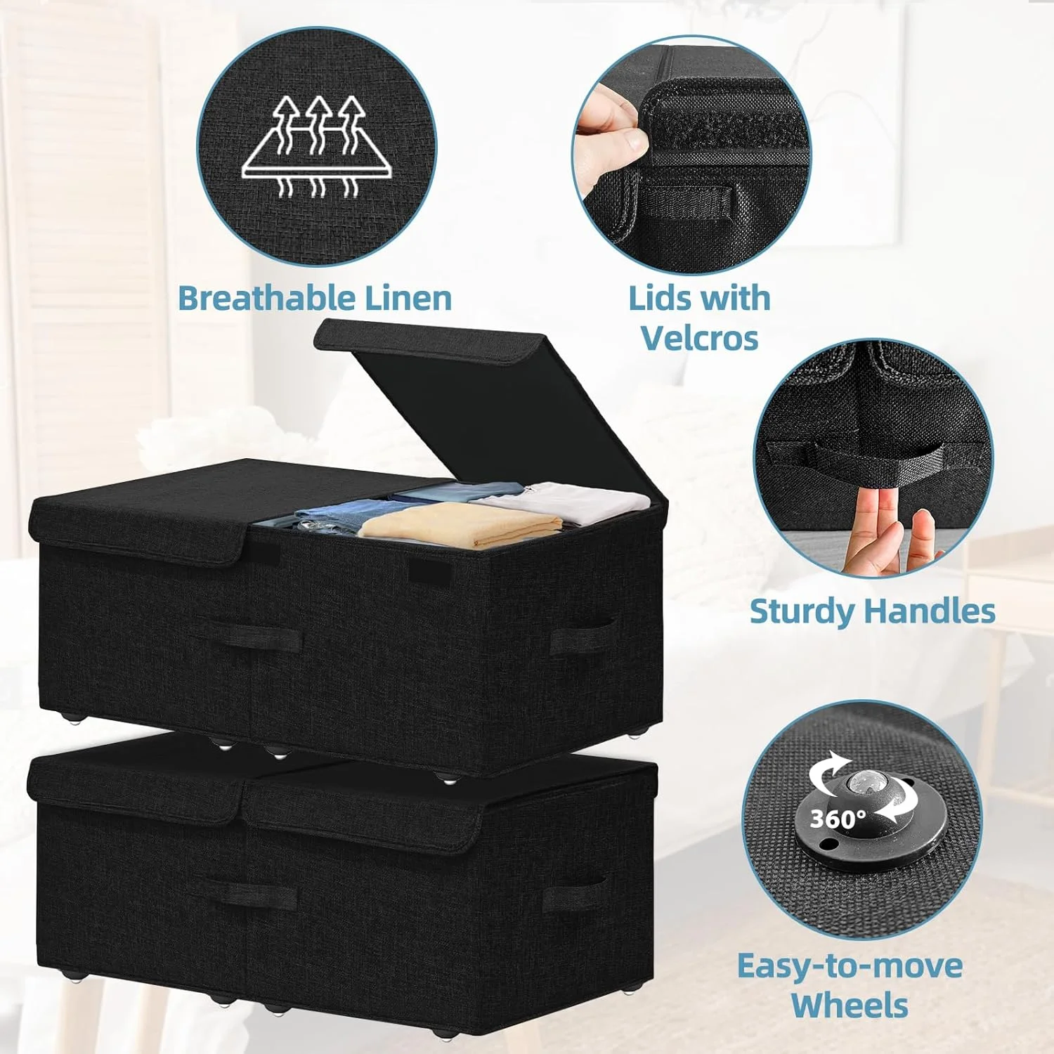 Under Bed Storage Container with Wheels, 2 Pack 10 High Deep Underbed Rolling Box Storage Bins Drawers with Lids for Bedroom, Dorms, Clothes, Shoes, Blankets, No Assemble Required, Black