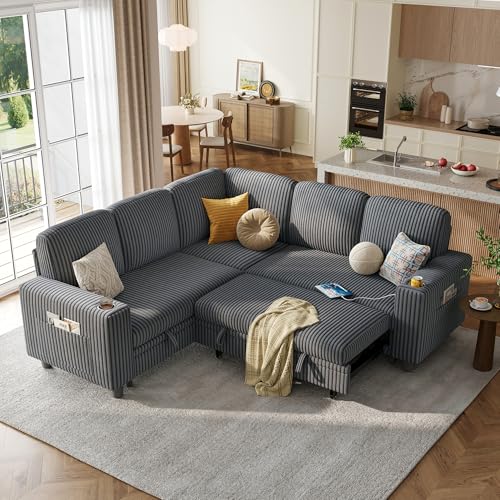LINSY HOME Sectional Sleeper Sofa with Pull Out Couch Bed Convertible Plush Corduroy Cloud Couch with Storage Chaise & USB Charging, Comfy L Shaped Modular Couches for Living Room Apartment (Grey)