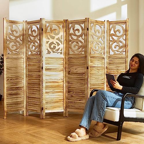 Room Divider Wood Carved Wall Divider Indoor Folding Portable Partition Screen for Home Office Garden Terrace - 6 Panel, 67 * 90inch (Dark Brown)