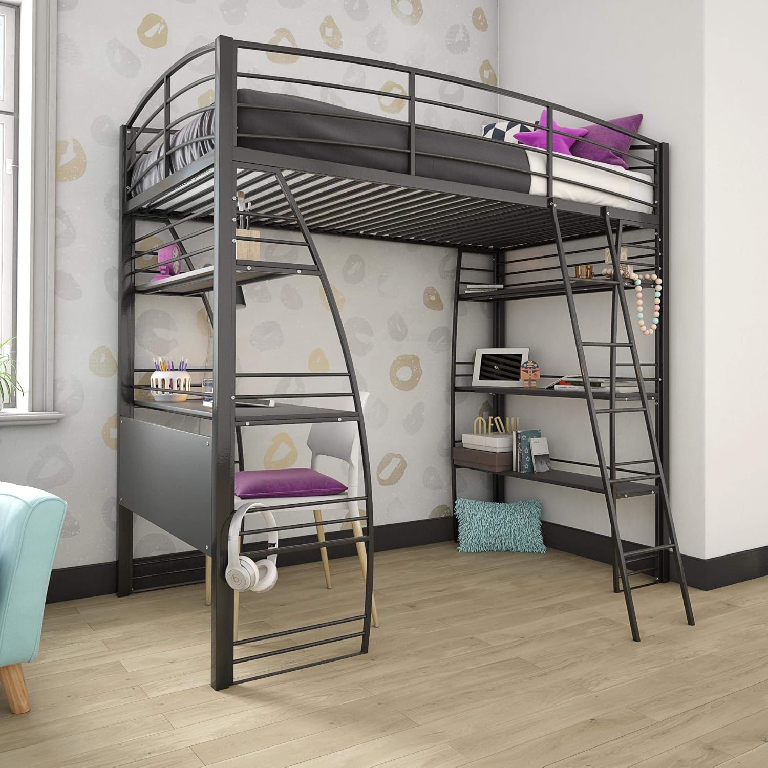 DHP Studio Loft Bunk Bed Over Desk and Bookcase with Metal Frame, Black, Twin Pack of 2
