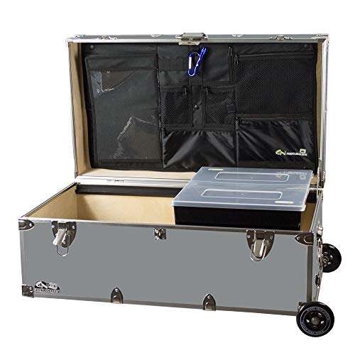 C&N Footlockers - Full-Size Happy Camper Trunk w/Wheels, Tray, & Lidmate Organizer - #1 Summer Camp Trunk - Made in the USA - Steel Footlocker with Lid Stay - 32 x 18 x 13.5 Inches (Black)