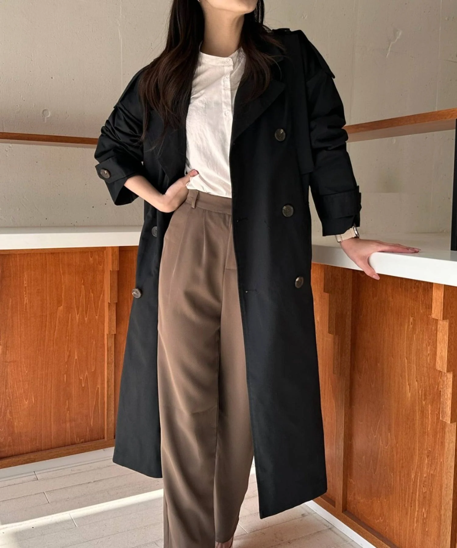 【SETUP7】Outer Trench Coat Double-Breasted Oversized Trench Big Silhouette Long Length Pocket Long Sleeve Spring Coat