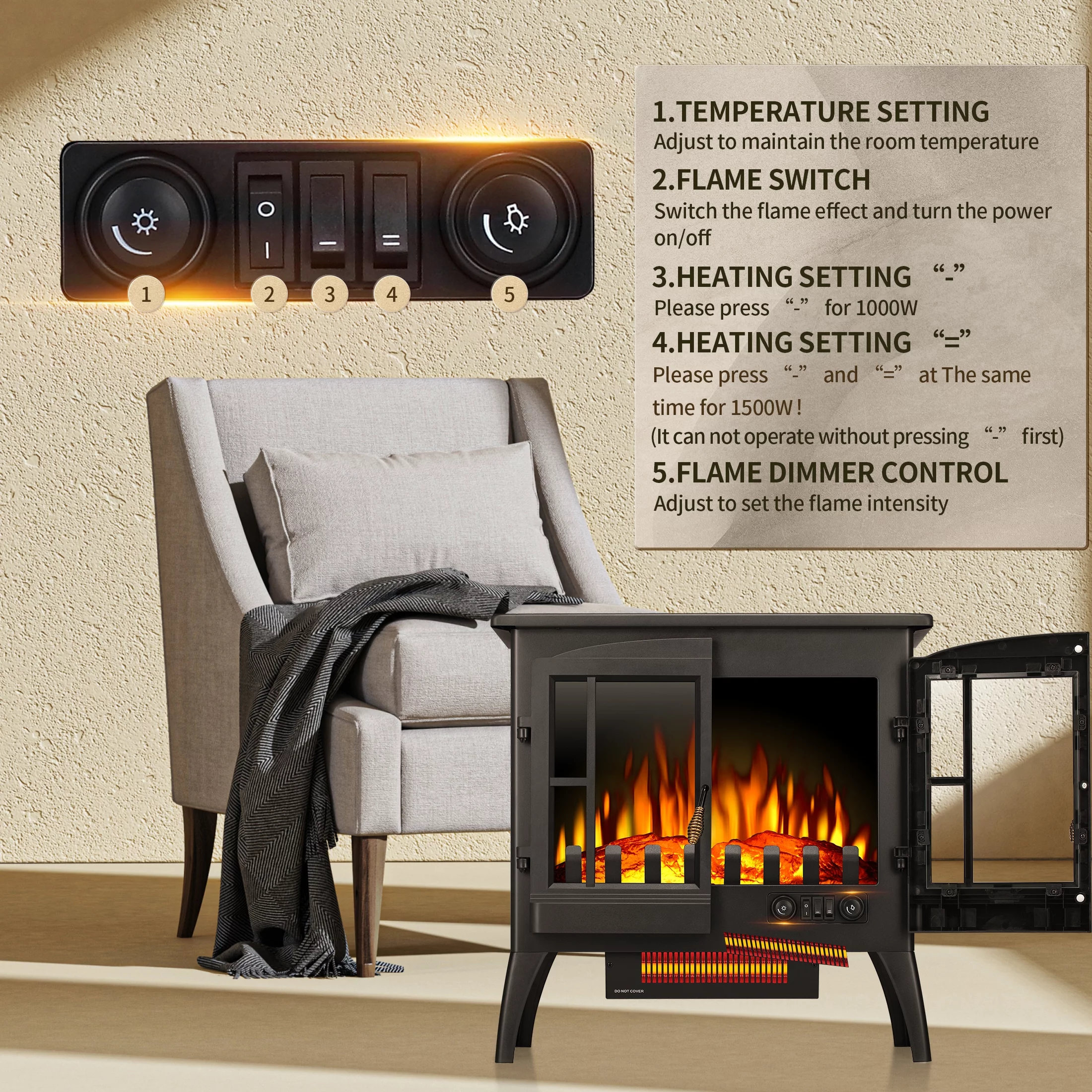 KISSAIR Electric Fireplace Stove, Freestanding,Realistic Flame, Portable,Thermostat,1000W/1500W(23 Inch)