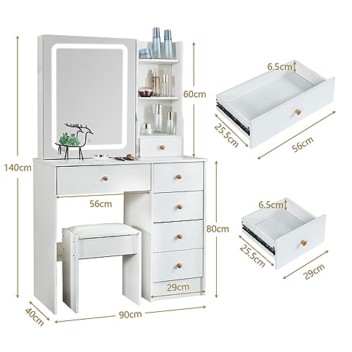 Makeup Vanity with Lights, Makeup Vanity with Sliding Mirror and LED Lights, Vanity Table Set with 5 Drawers and Stool,Shelves,Bedroom Vanity Mirror with Lights Desk and Chair,White