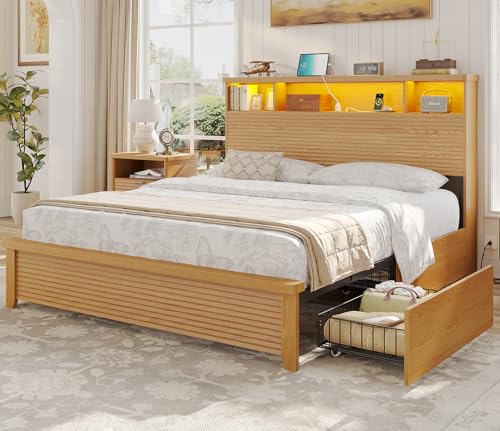 VIAGDO Wood Bed Frame Full Size with 4 Storage Drawers and Charging Station, Fluted Led Full Bed Frame with 2 Tier Storage Headboard, No Box Spring Needed,Wood