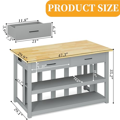 47.3" Solid Rubberwood Kitchen Island with Power Outlets - Extra Large Work Surface, 2 Drawers & Open Shelves Storage Cabinet for Kitchen Dining Room, Farmhouse Style (Grey)