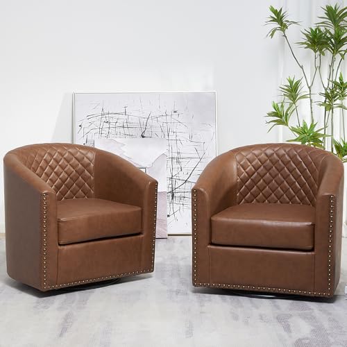 29" Wide Tufted Faux Leather Swivel Barrel Chair Set of 2, PU Leather Modern Upholstered Accent Chairs with Nailhead Trim, Small Armchair for Living Room Bedroom, Cream