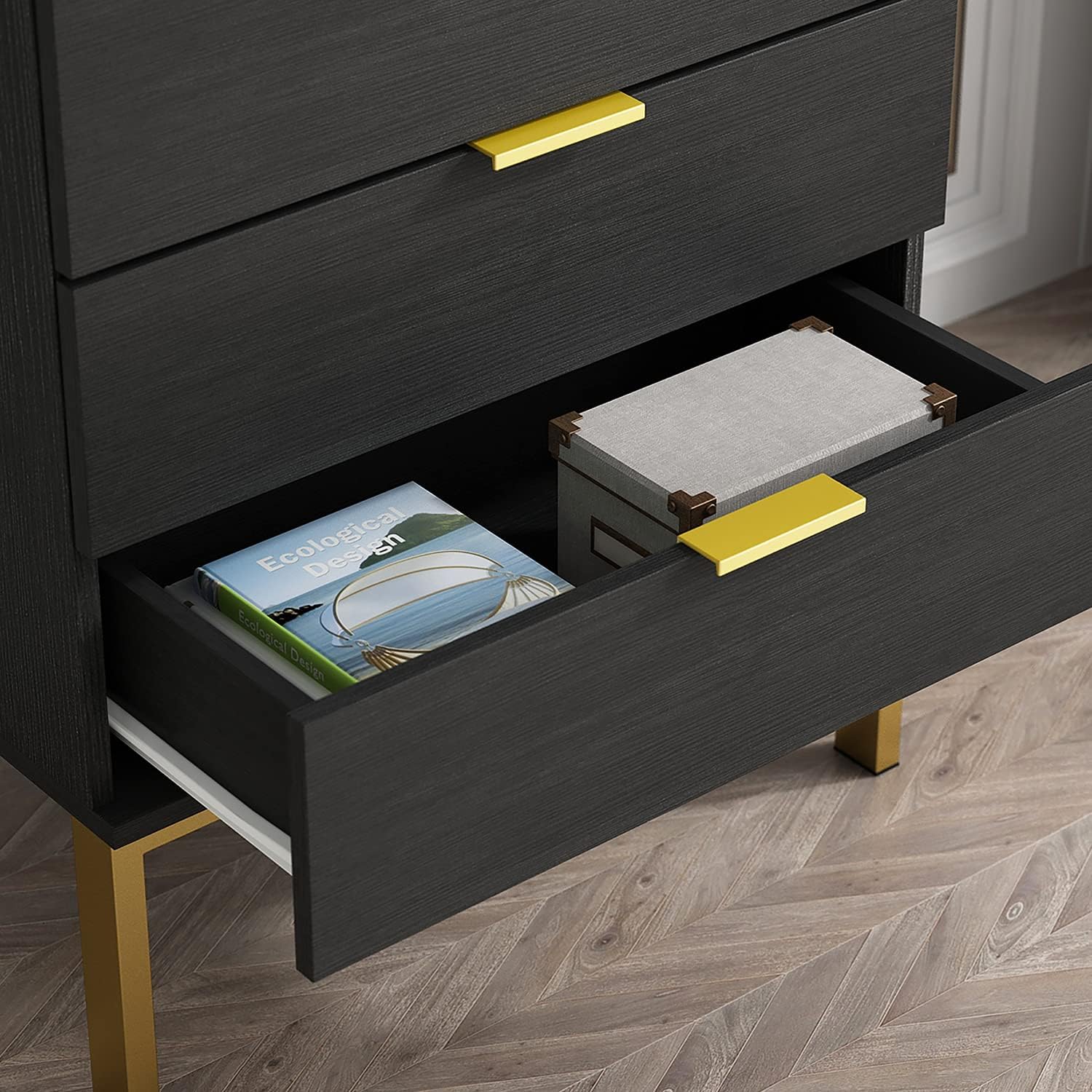 Homsee Modern Dresser Storage Chest with 5 Drawers, Wood Dresser Chest with Gold Metal Legs and Handles for Bedroom, Living Room & Hallway, Black (23.6”L x 15.7”W x 41.1”H)