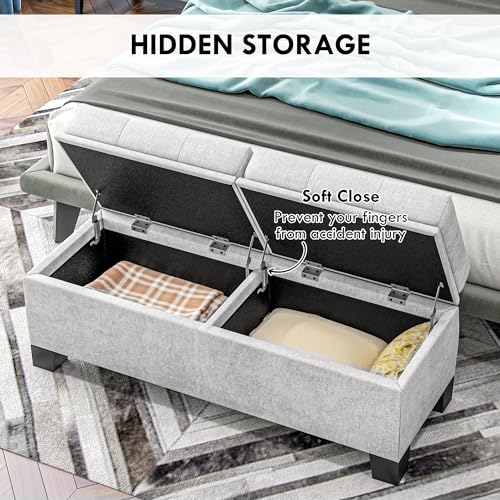 HOMCOM 46" Storage Ottoman Bench, Upholstered End of Bed Bench with Steel Frame, Button Tufted Storage Bench with Safety Hinges for Living Room, Entryway, Bedroom, Gray