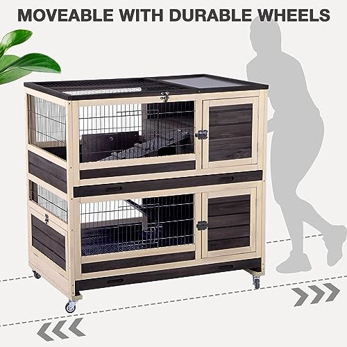 Two-Story Guinea Pig Cage with Wheels Rabbit Hutch Indoor Outdoor with 6 Access Doors, 2 Pull-Out Trays, Removable Wire Mesh and UV Proof Panel(Grey)