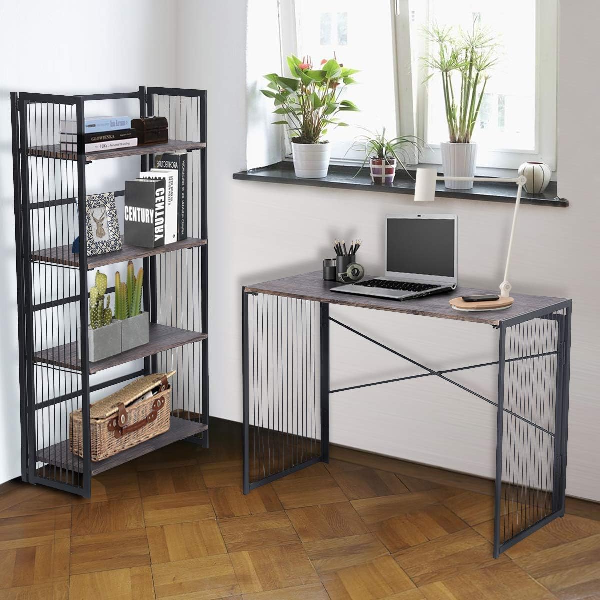FurnitureR Classics 4-Tier Foldable Bookshelf Vintage Bookcase Modern Wood Look for Home Office