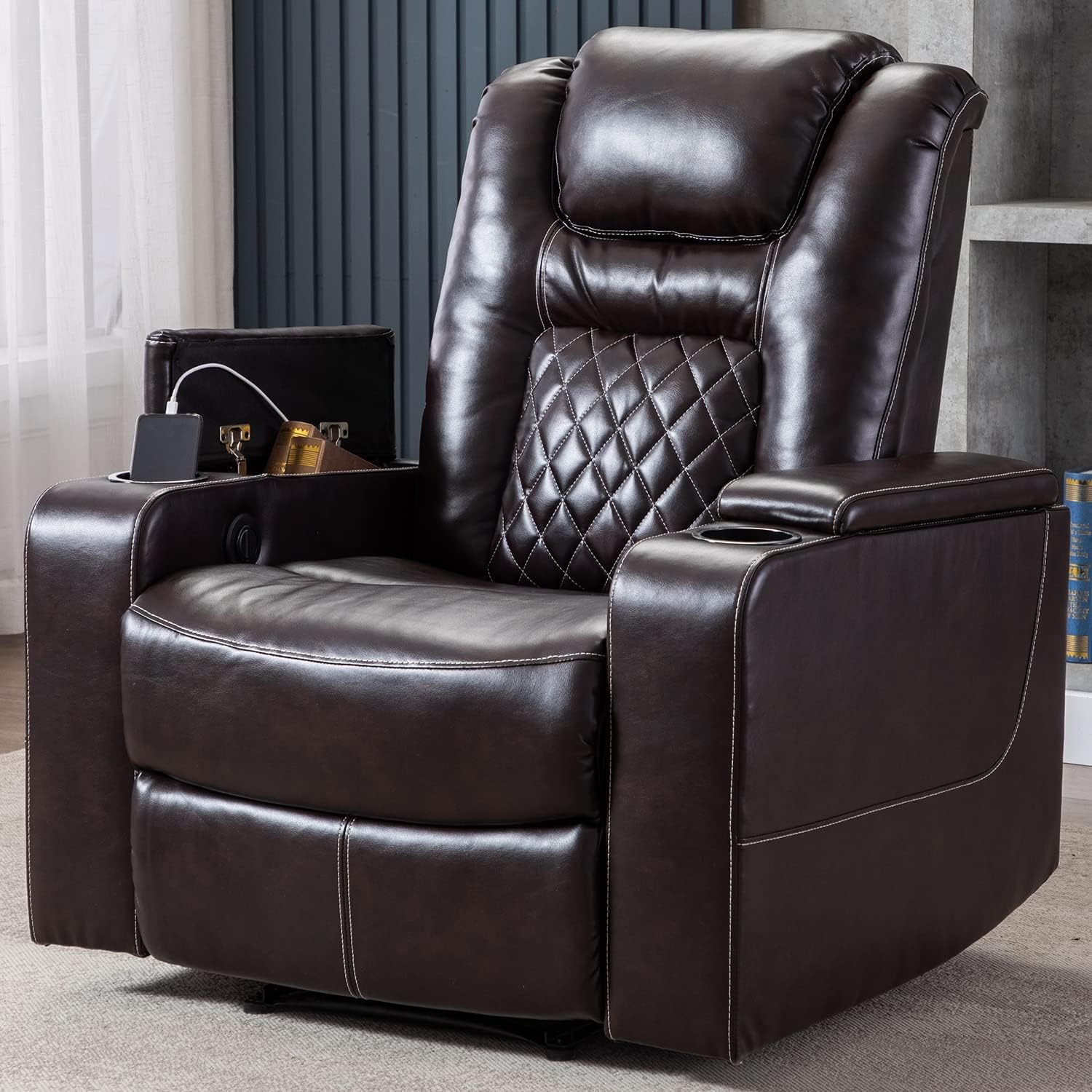 CANMOV Electric Power Recliner Chair with USB Ports and Cup Holders, Breathable Leather Home Theater Seating with Hidden Arm Storage (Black)
