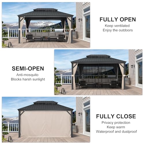 PURPLE LEAF 10' X 14' Permanent Hardtop Gazebo Aluminum Gazebo with Galvanized Steel Double Roof for Patio Lawn and Garden, Curtains and Netting Included, Grey