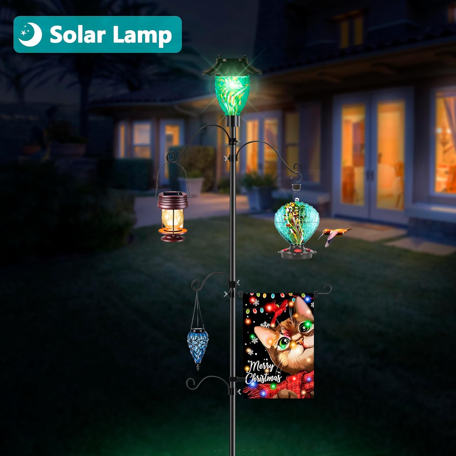 LUJII Solar Shepherds Hooks with Hand Blown Glass Hummingbird Feeder, Adjustable 4 Arms and 1 Flag Holder, Heavy Duty Garden Stand&Teal Hummingbird Feeder for Outdoor Decor, Lanterns