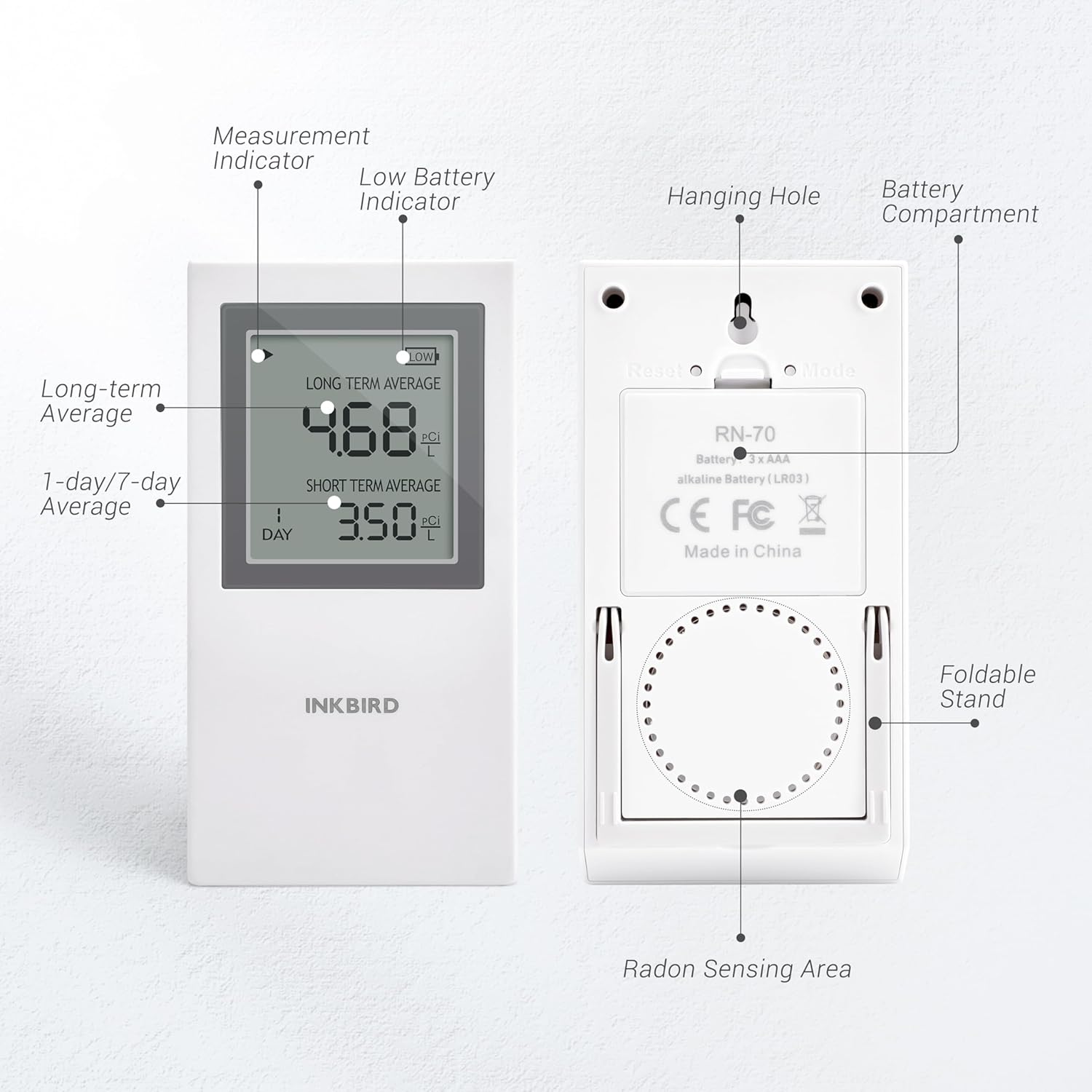 INKBIRD Home Radon Detector, Portable Radon Meter Battery Operated, US Version-Pci/L (White)