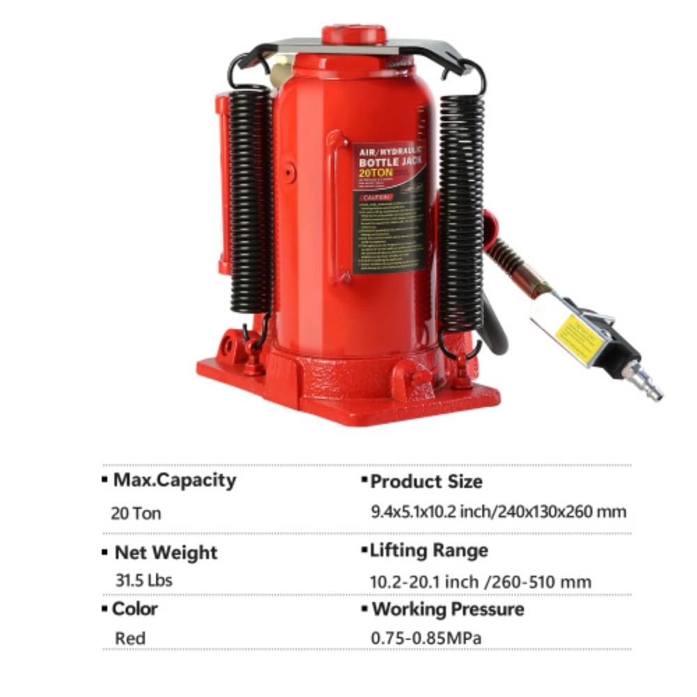 20 Ton Air Hydraulic Bottle Jack, with Manual Hand Pump Used for The Maintenance of Automobiles, Agricultural Vehicles, Heavy Trucks, Mobile Machinery, and Heavy Equipment  Red + Steel + 20T
