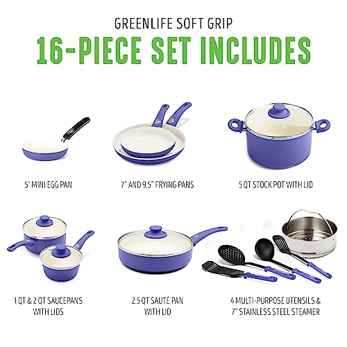 GreenLife Soft Grip Healthy Ceramic Nonstick 16 Piece Kitchen Cookware Pots